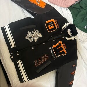Men’s Off White varsity bomber like new